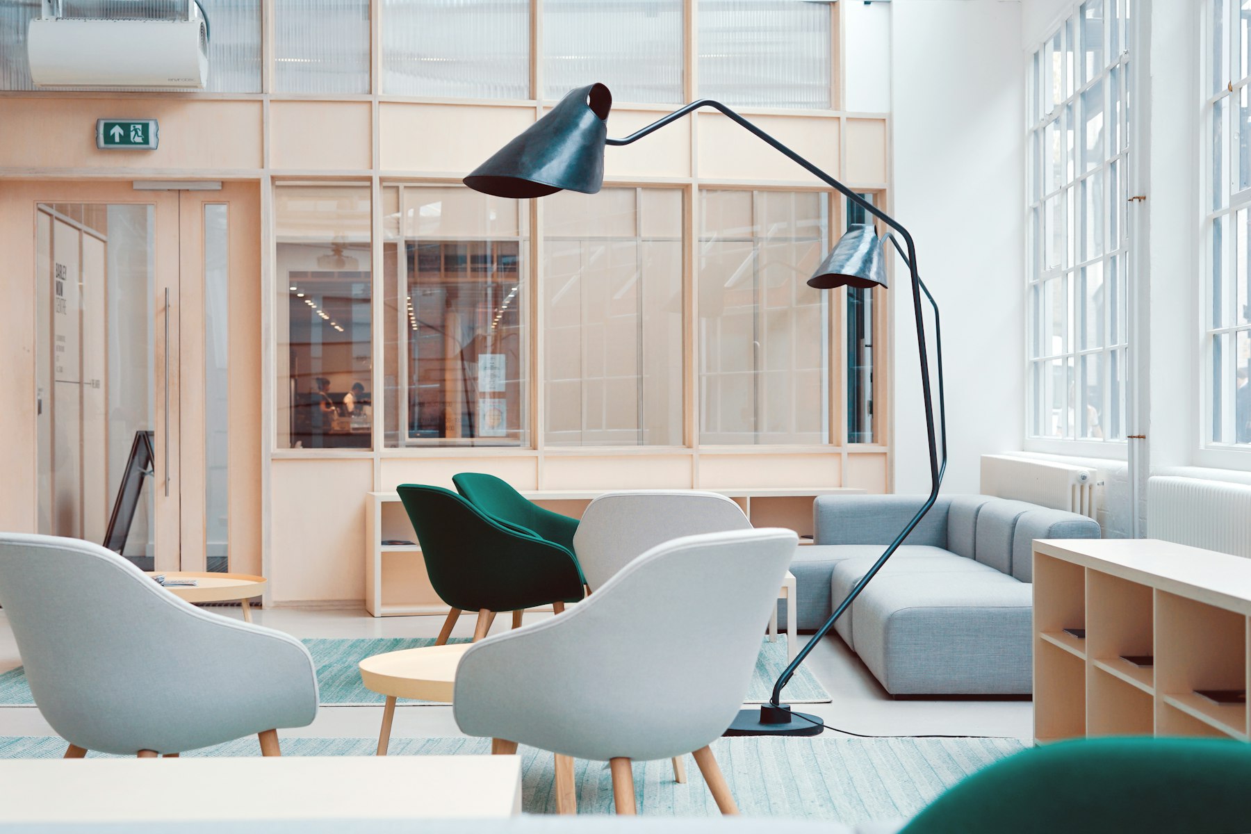 Light studio with grey lounge chairs