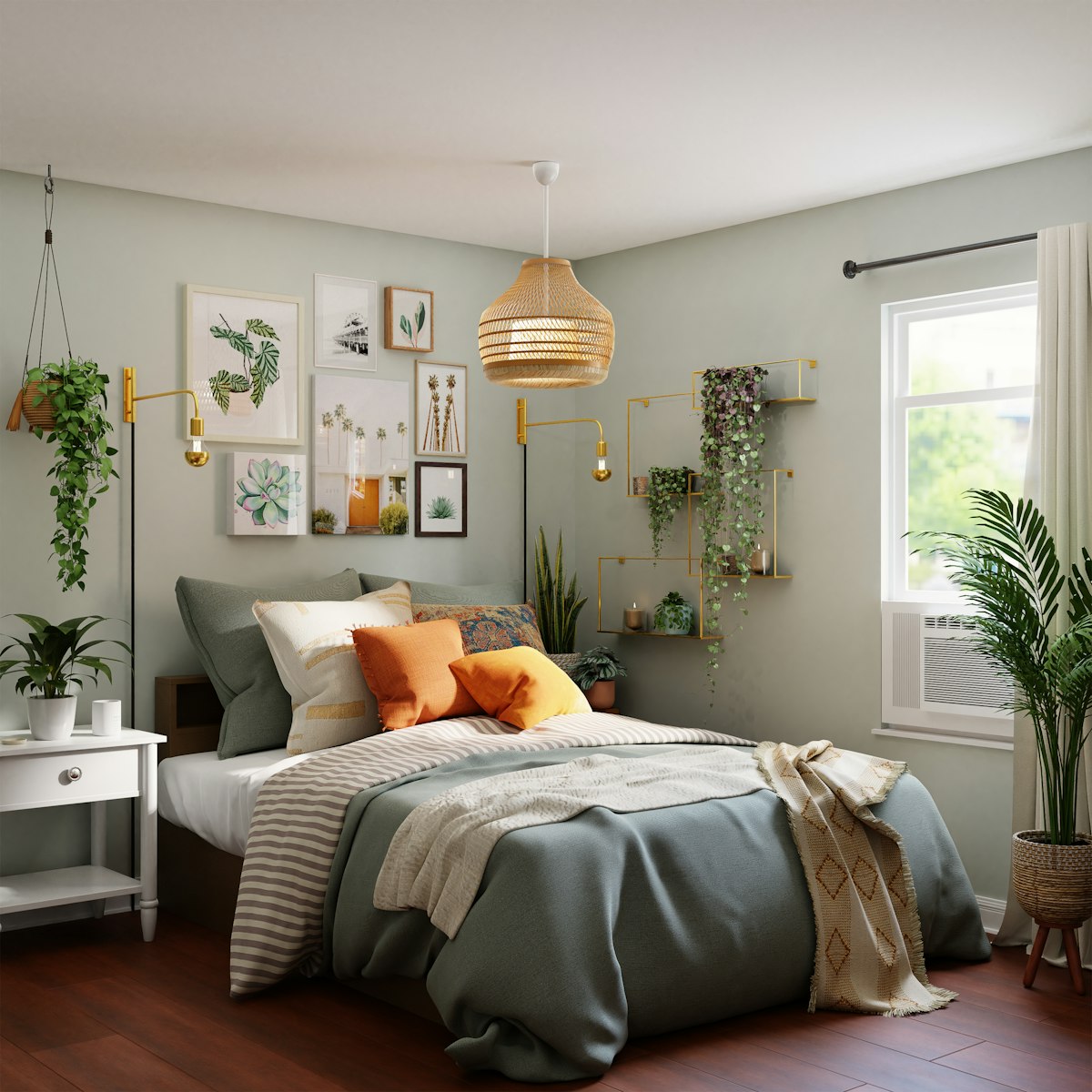 Bedroom with sage walls and woven pendant