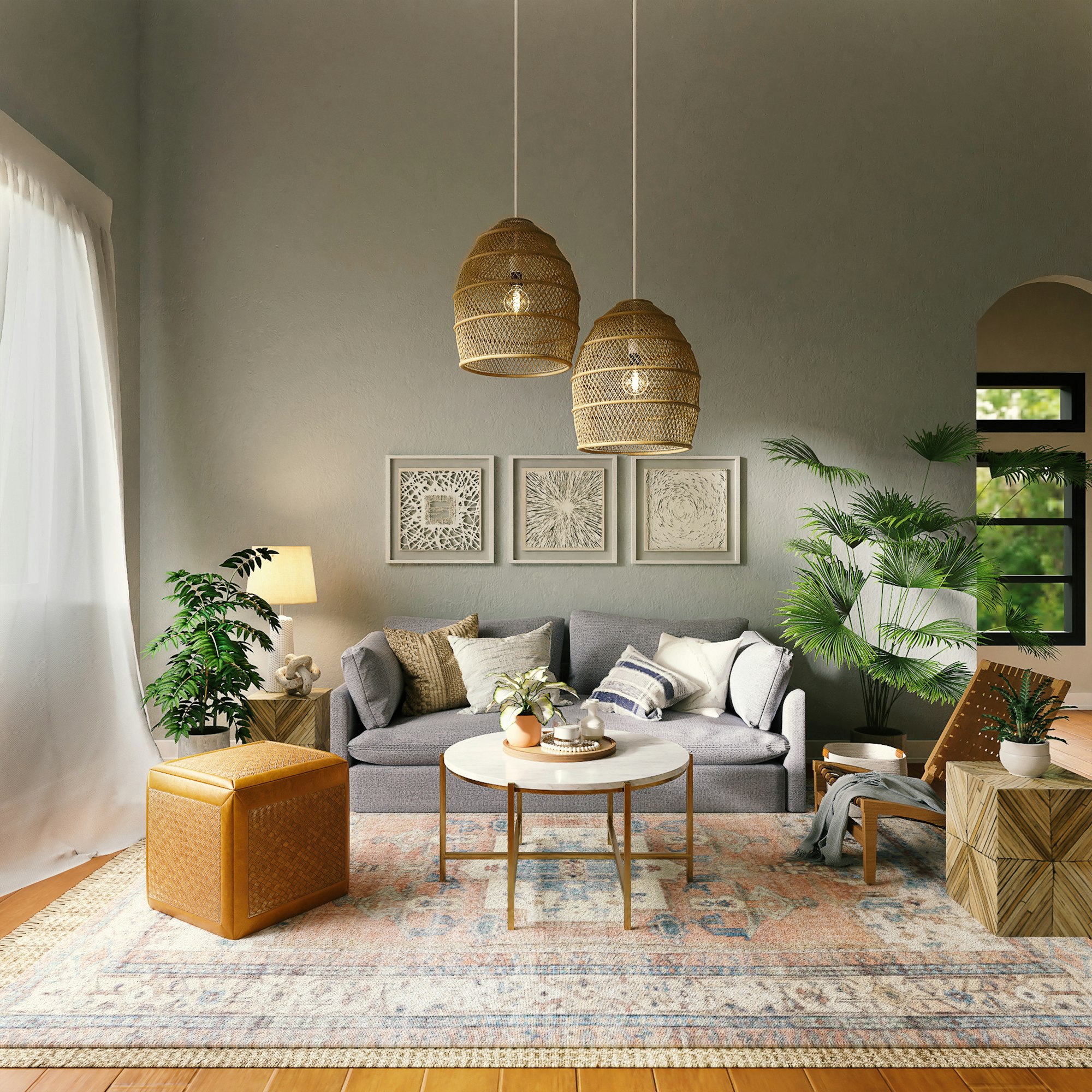 Woven pendant lights above a living room