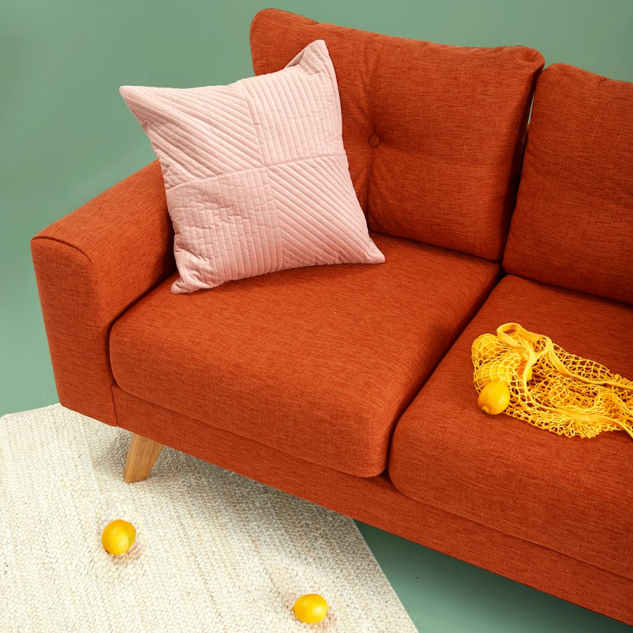 Rust sofa with pink cushion