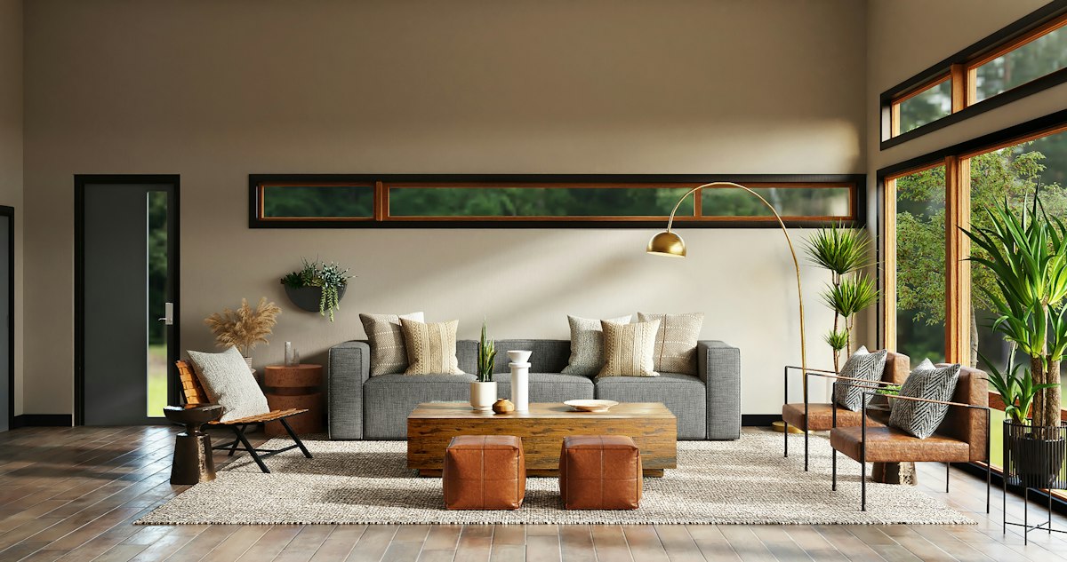 Open living space with wood panelling